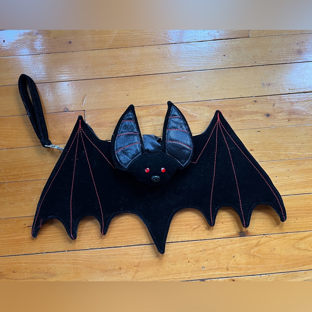Black Velvety Bat-Shaped Clutch with Red Accents